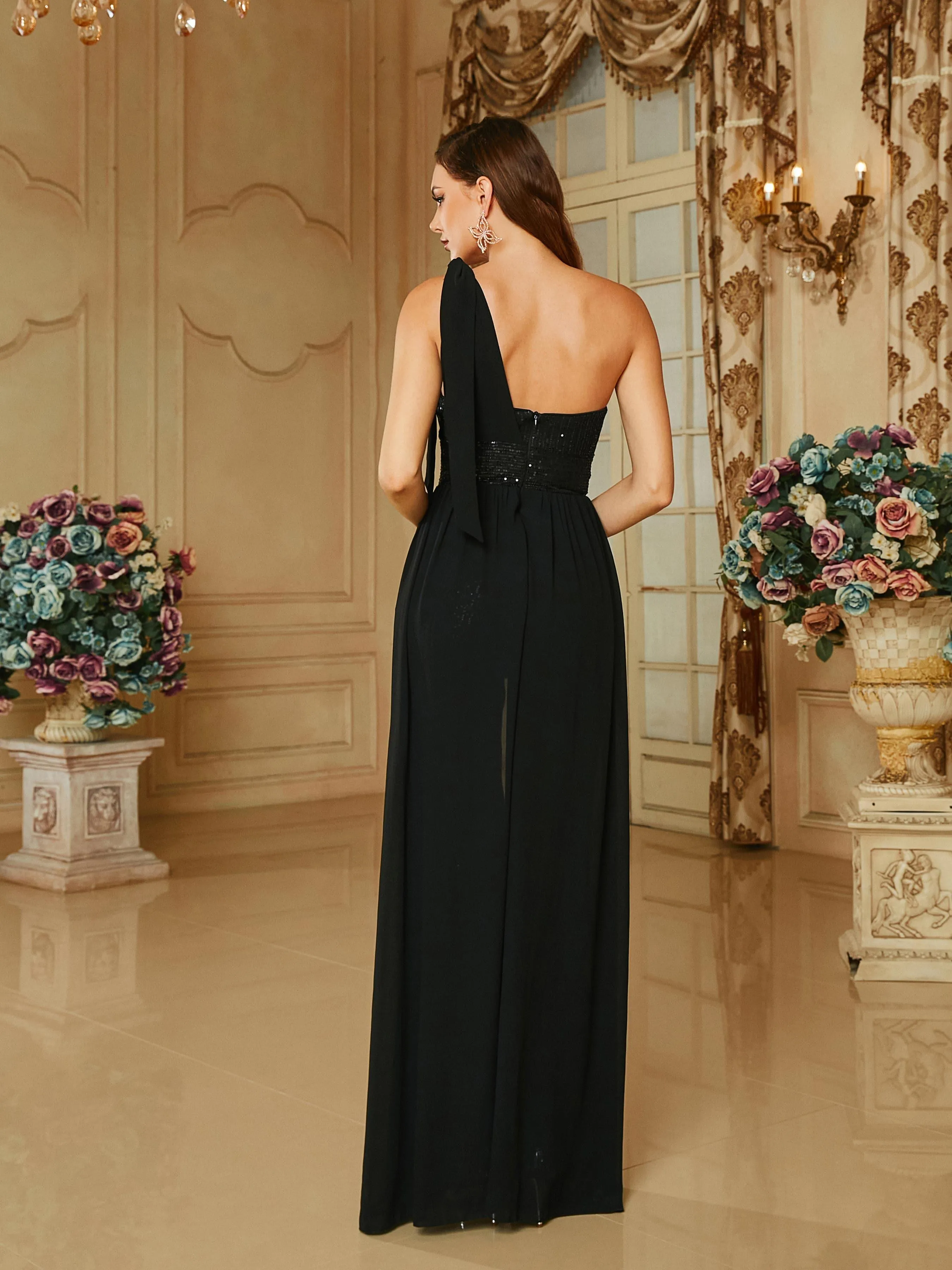 One Shoulder Sequin Ribbon Black Casual Jumpsuits RA60134
