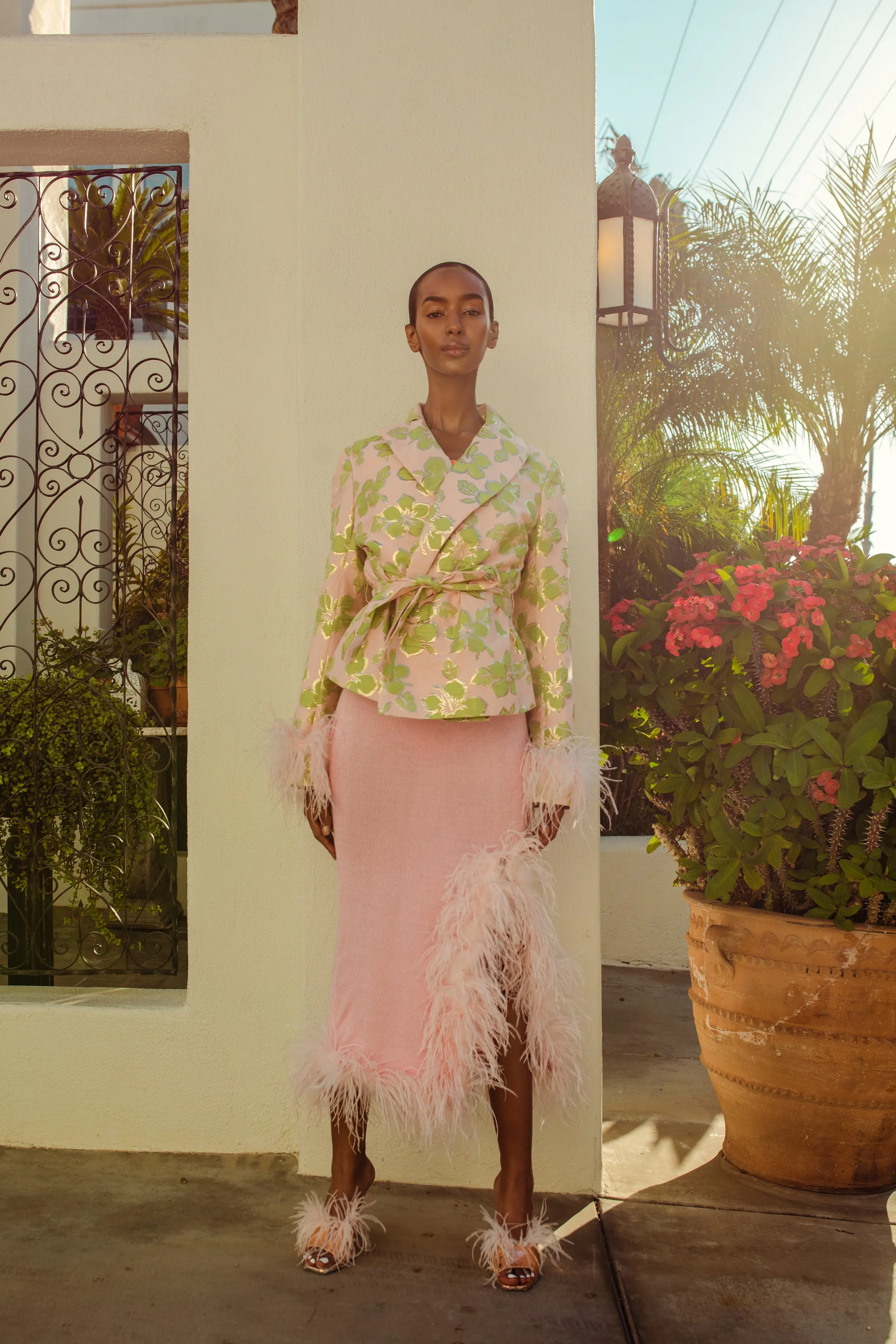 Pink Jacquard Jacket №19 with detachable feather cuffs