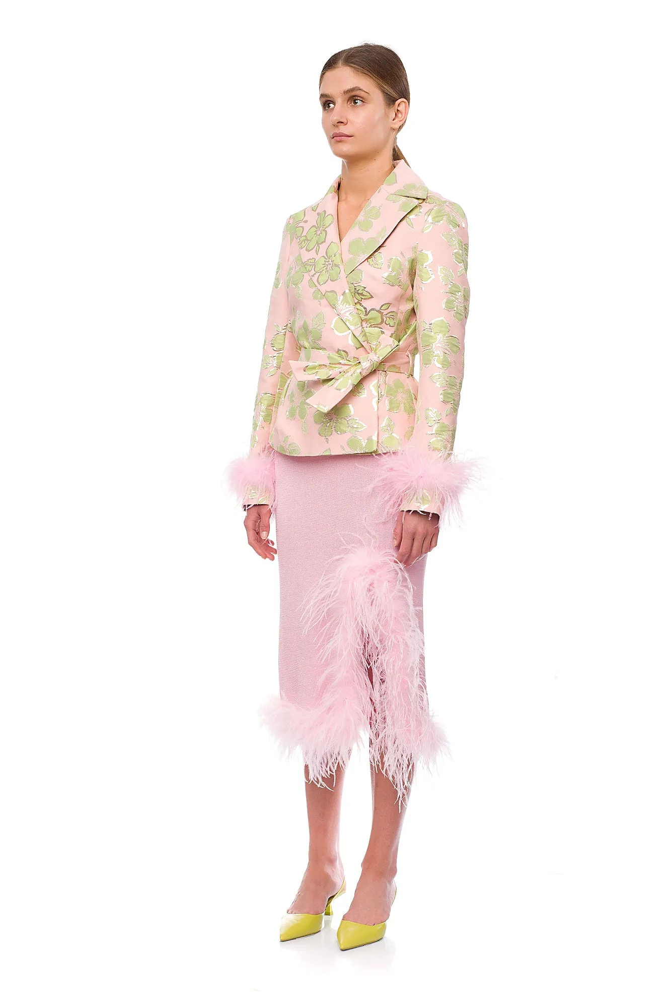 Pink Jacquard Jacket №19 with detachable feather cuffs