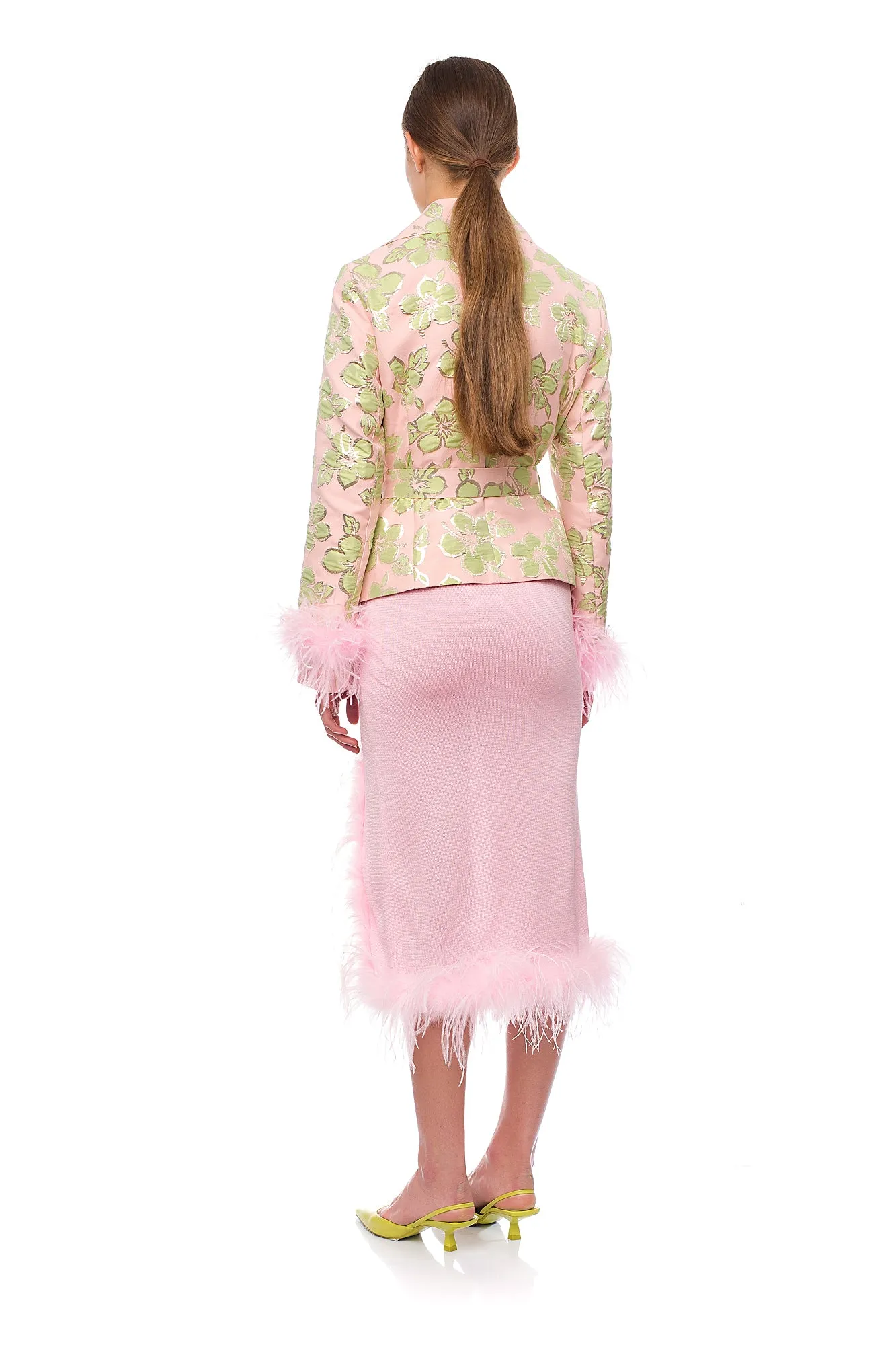 Pink Jacquard Jacket №19 with detachable feather cuffs