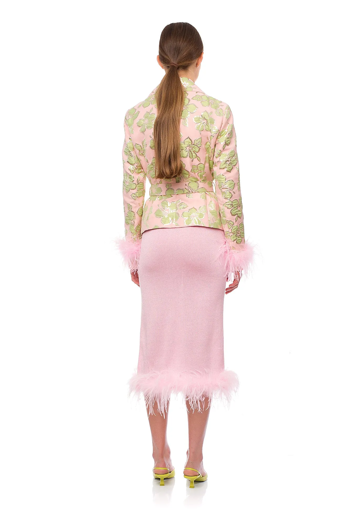 Pink Jacquard Jacket №19 with detachable feather cuffs