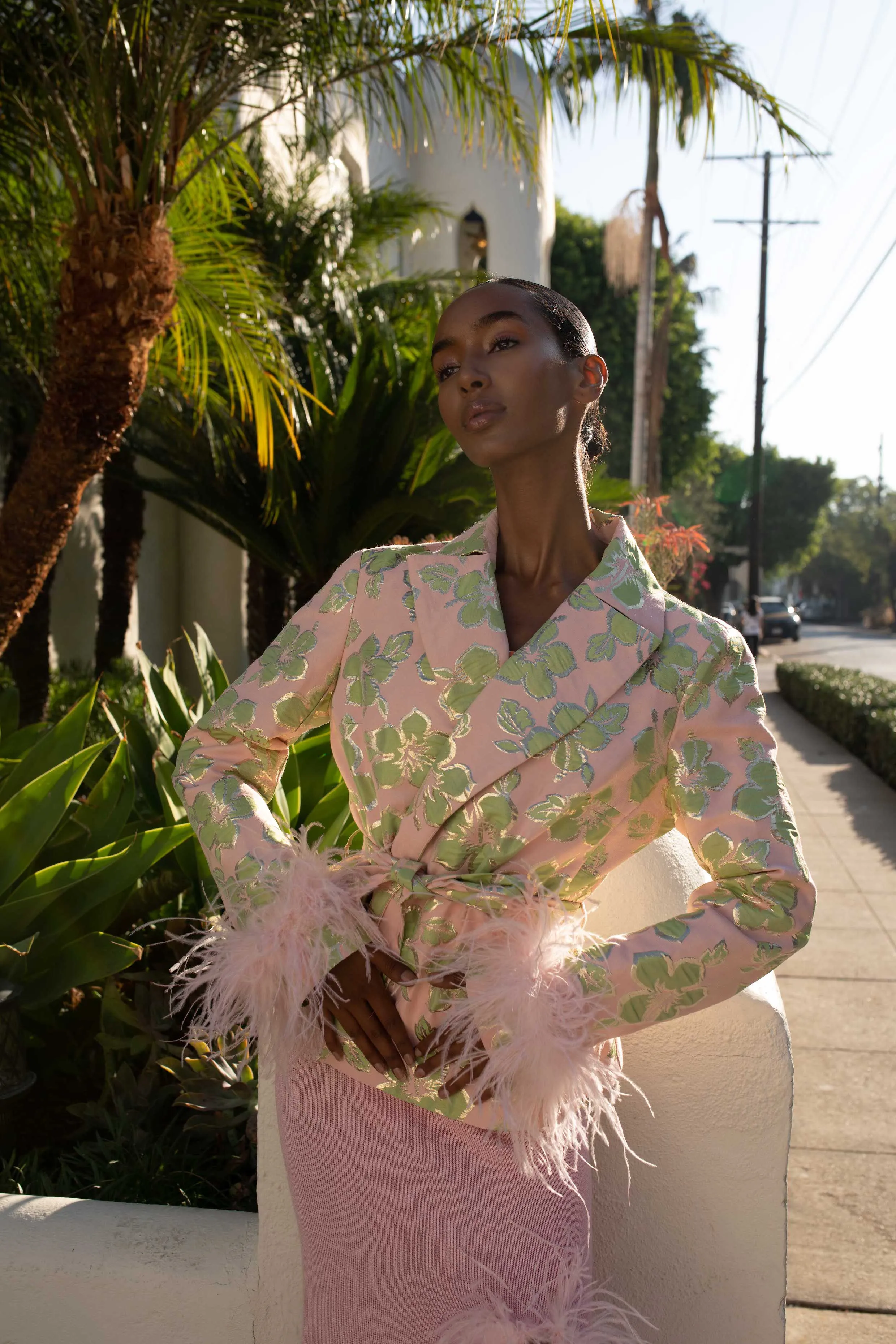 Pink Jacquard Jacket №19 with detachable feather cuffs