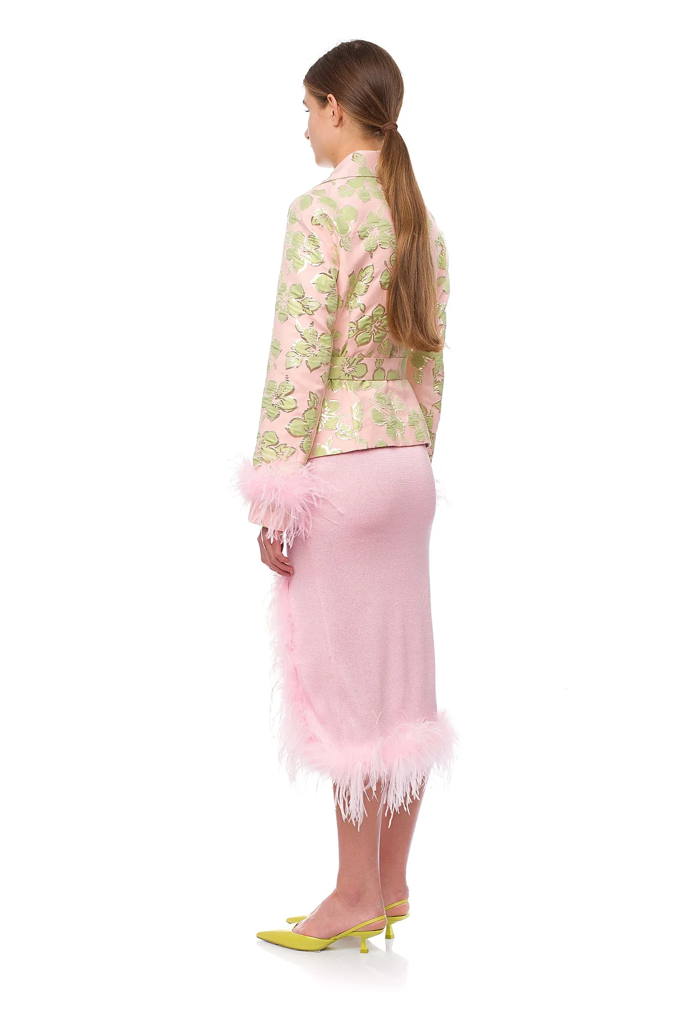 Pink Jacquard Jacket №19 with detachable feather cuffs