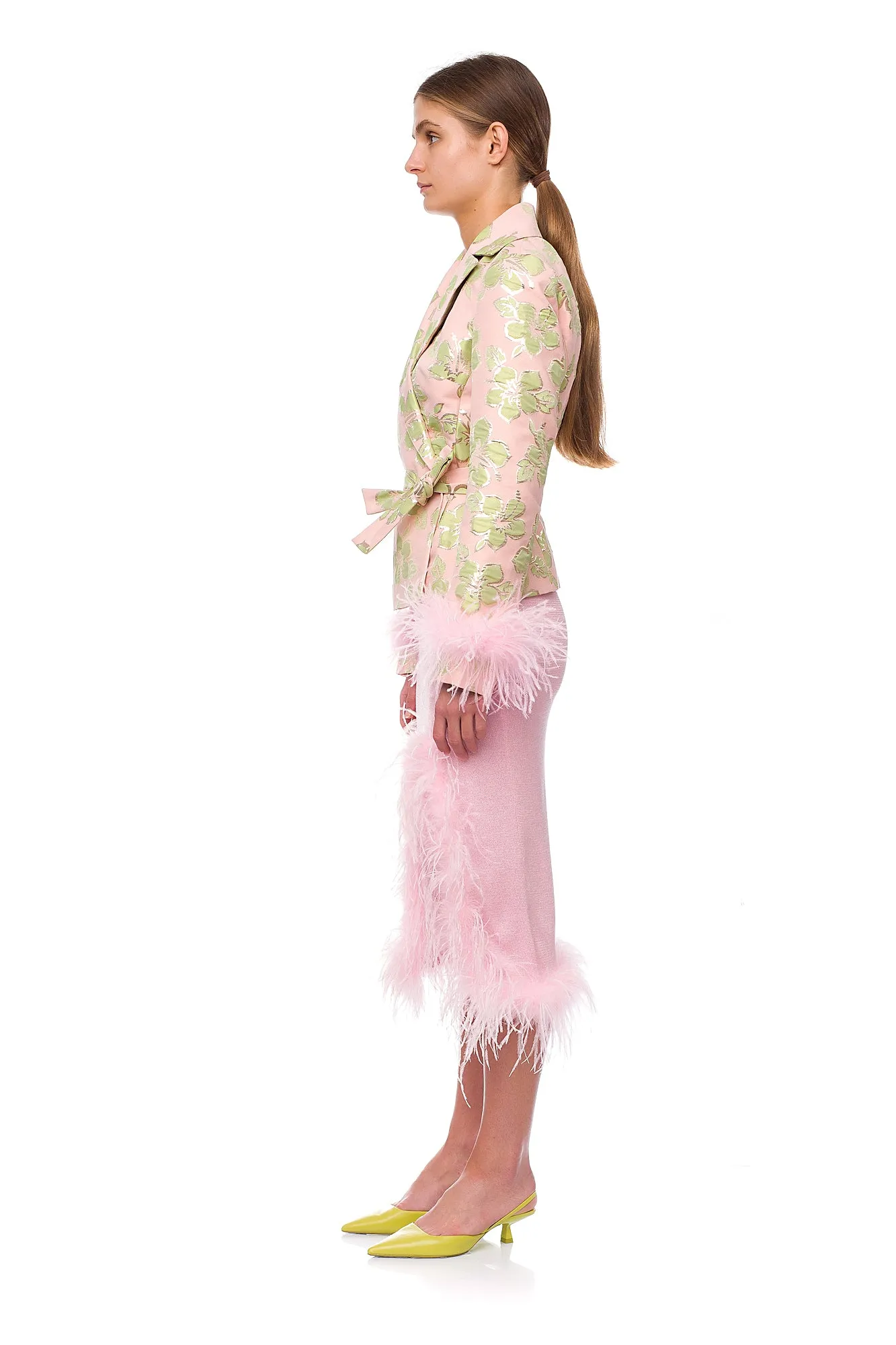 Pink Jacquard Jacket №19 with detachable feather cuffs