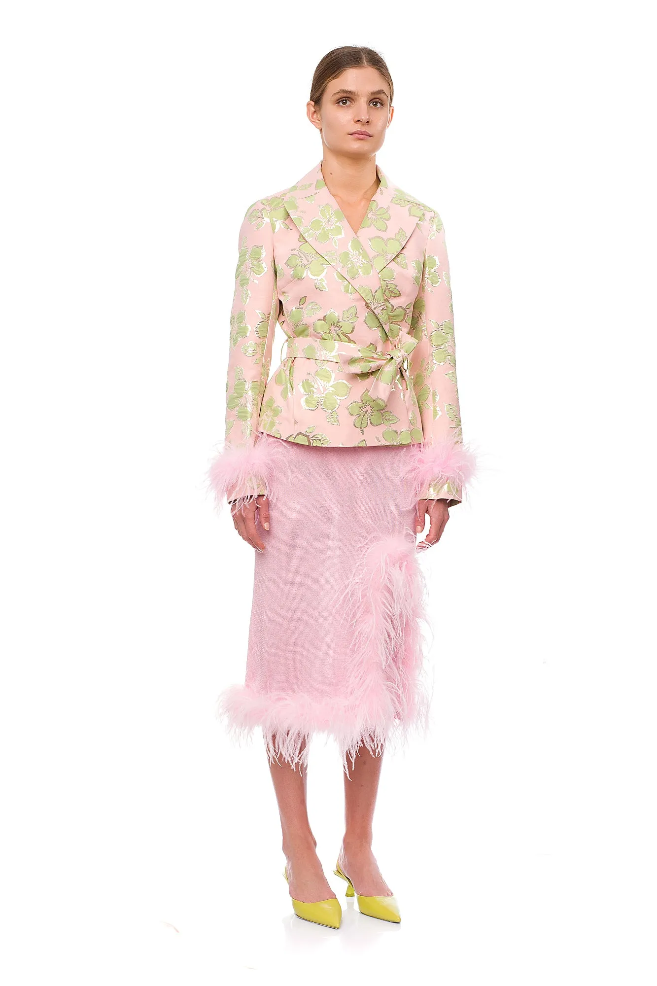 Pink Jacquard Jacket №19 with detachable feather cuffs