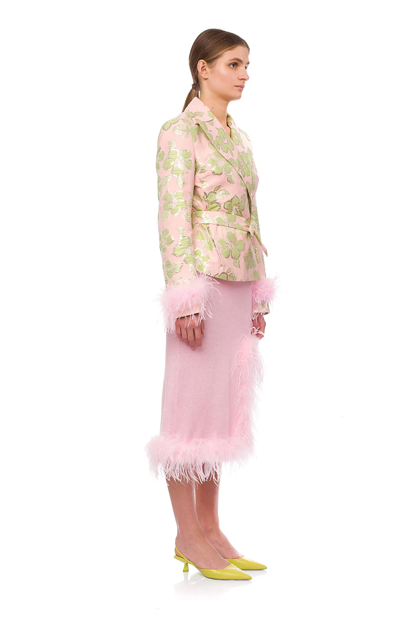 Pink Jacquard Jacket №19 with detachable feather cuffs
