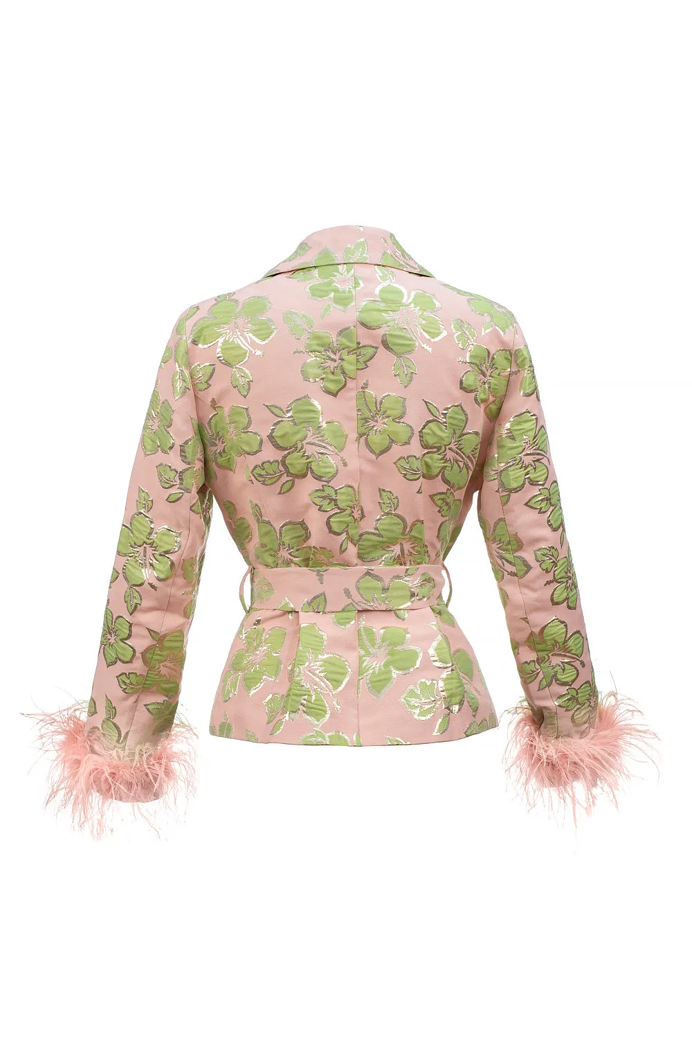 Pink Jacquard Jacket №19 with detachable feather cuffs