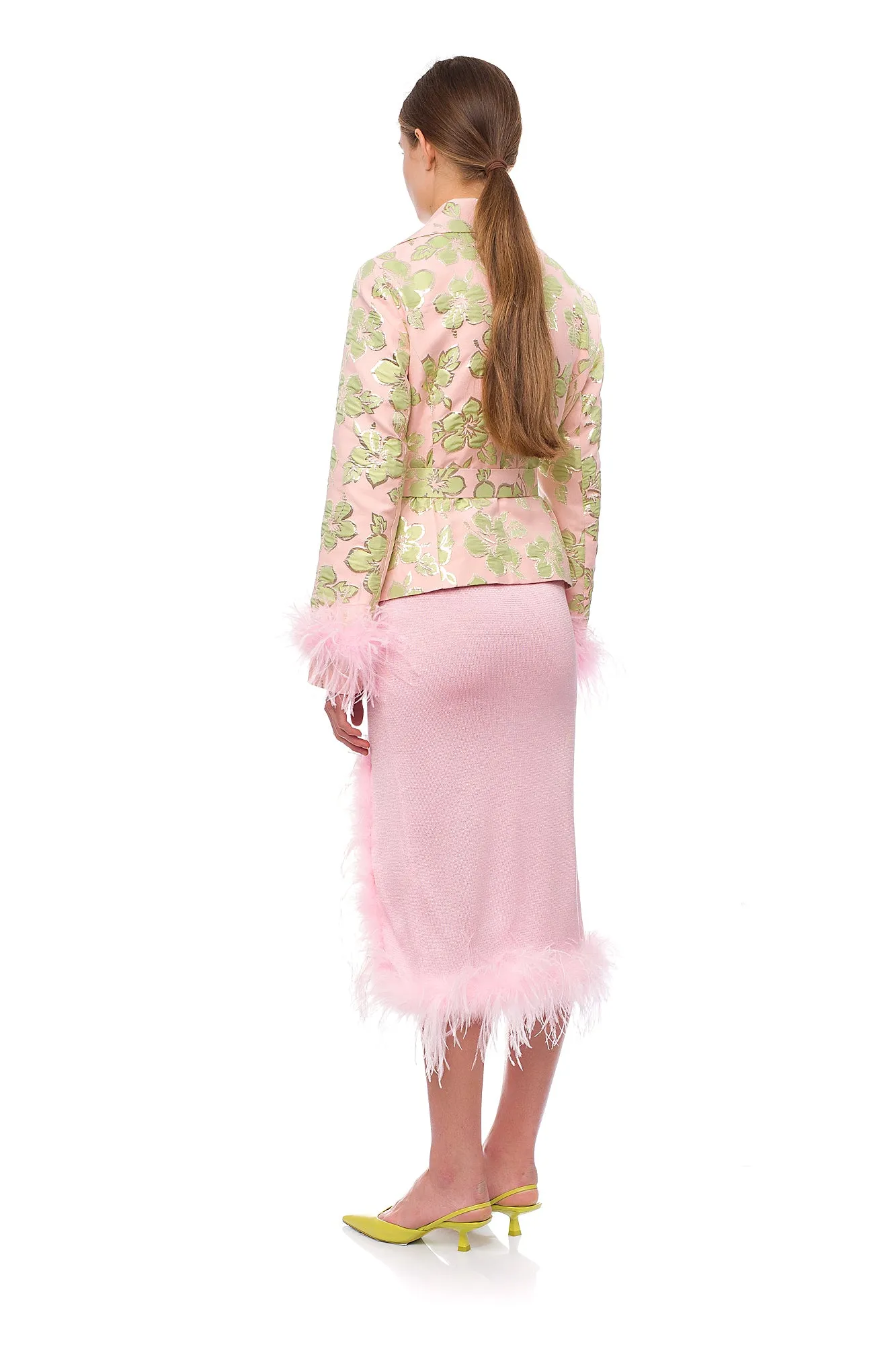 Pink Jacquard Jacket №19 with detachable feather cuffs