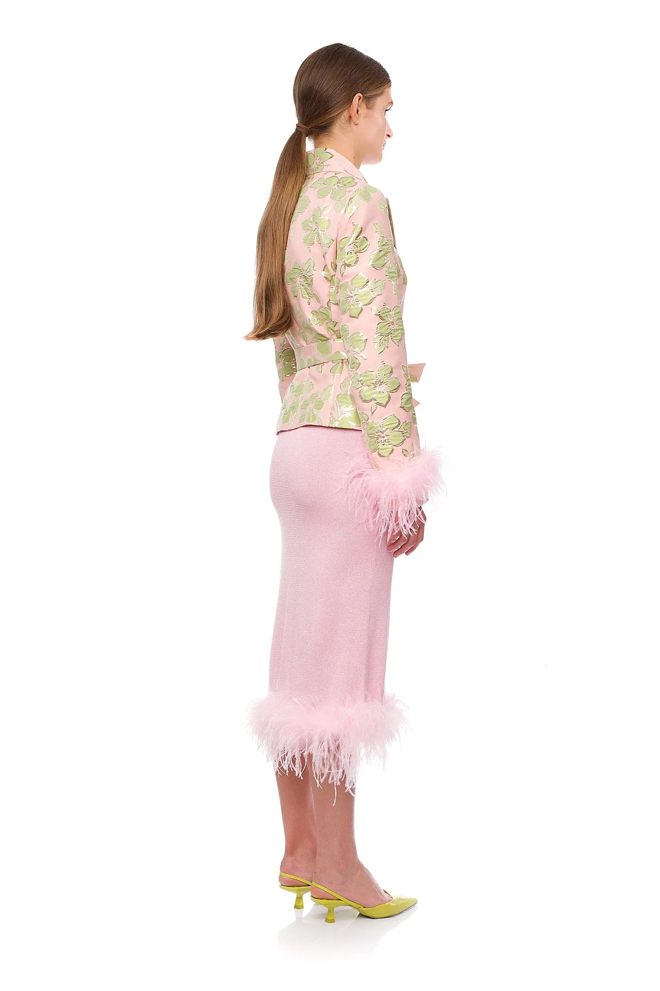 Pink Jacquard Jacket №19 with detachable feather cuffs