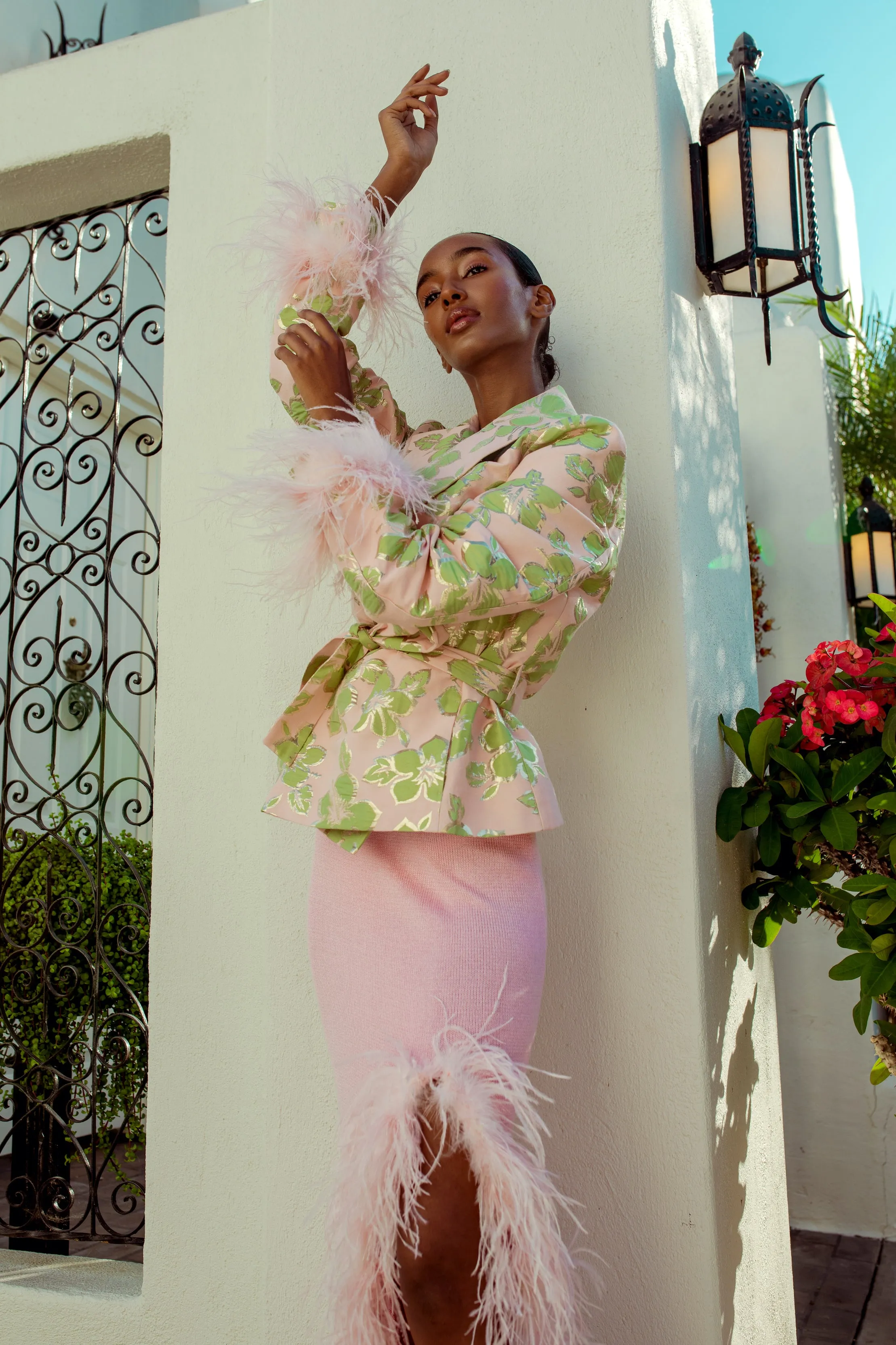 Pink Jacquard Jacket №19 with detachable feather cuffs