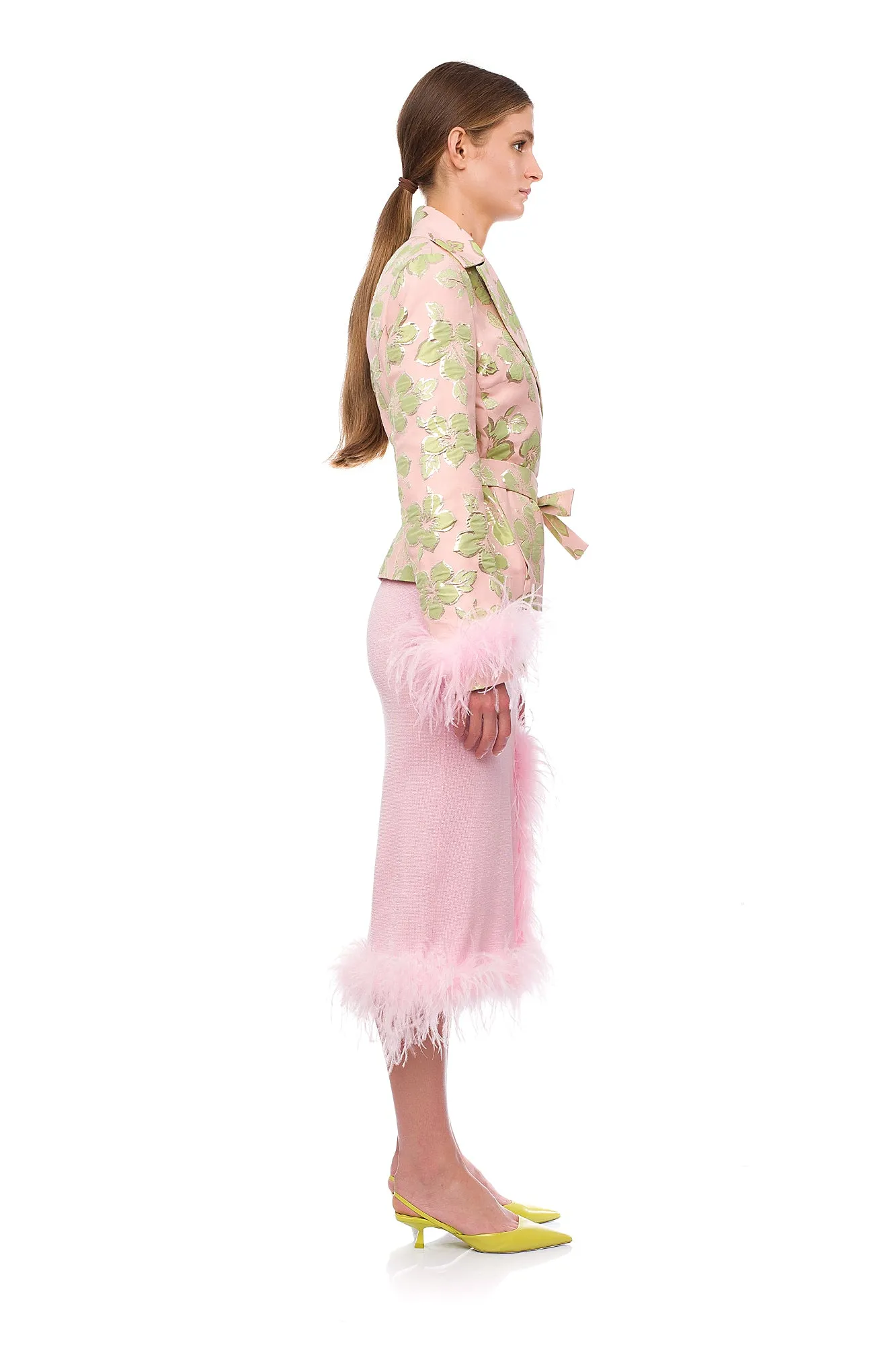 Pink Jacquard Jacket №19 with detachable feather cuffs