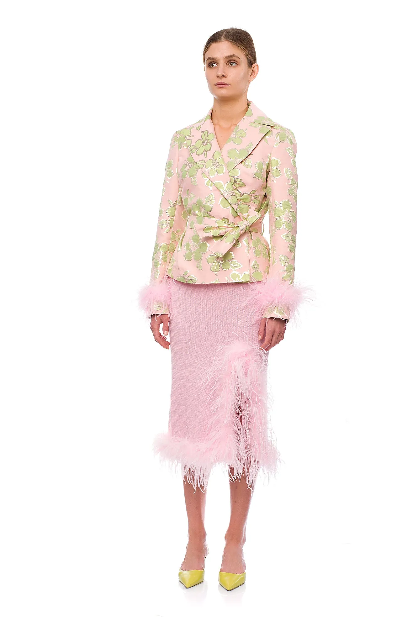 Pink Jacquard Jacket №19 with detachable feather cuffs