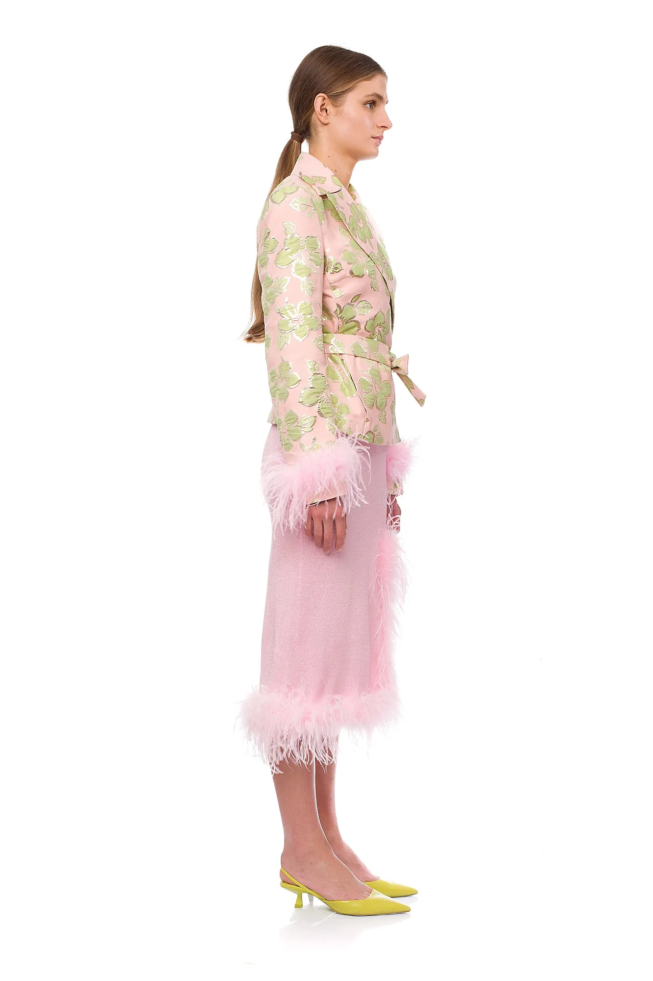 Pink Jacquard Jacket №19 with detachable feather cuffs