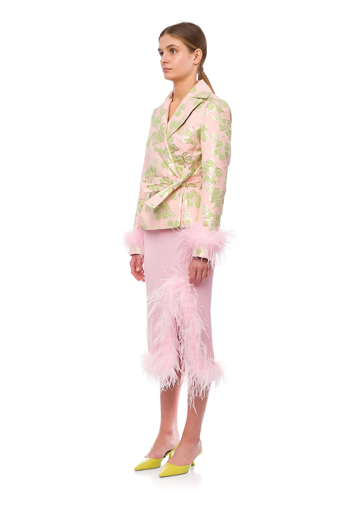 Pink Jacquard Jacket №19 with detachable feather cuffs