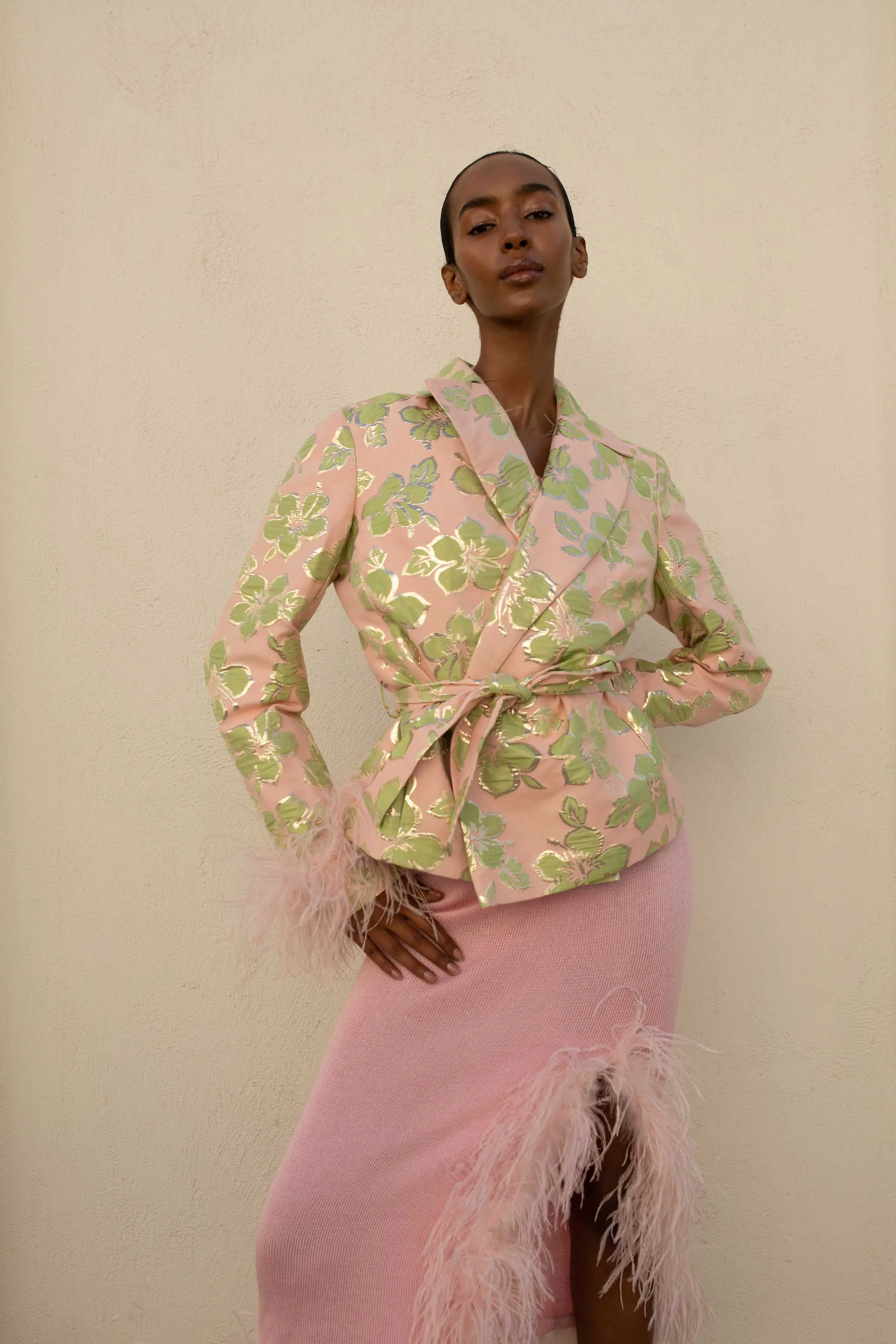 Pink Jacquard Jacket №19 with detachable feather cuffs
