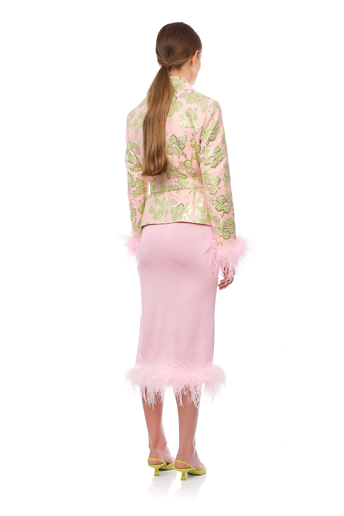 Pink Jacquard Jacket №19 with detachable feather cuffs