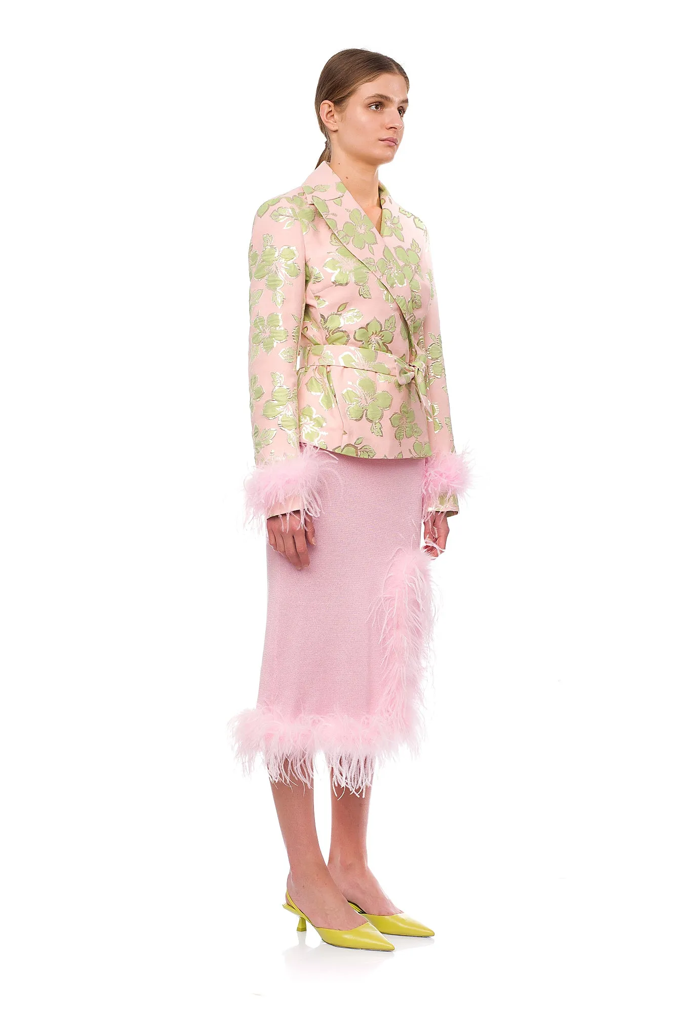 Pink Jacquard Jacket №19 with detachable feather cuffs