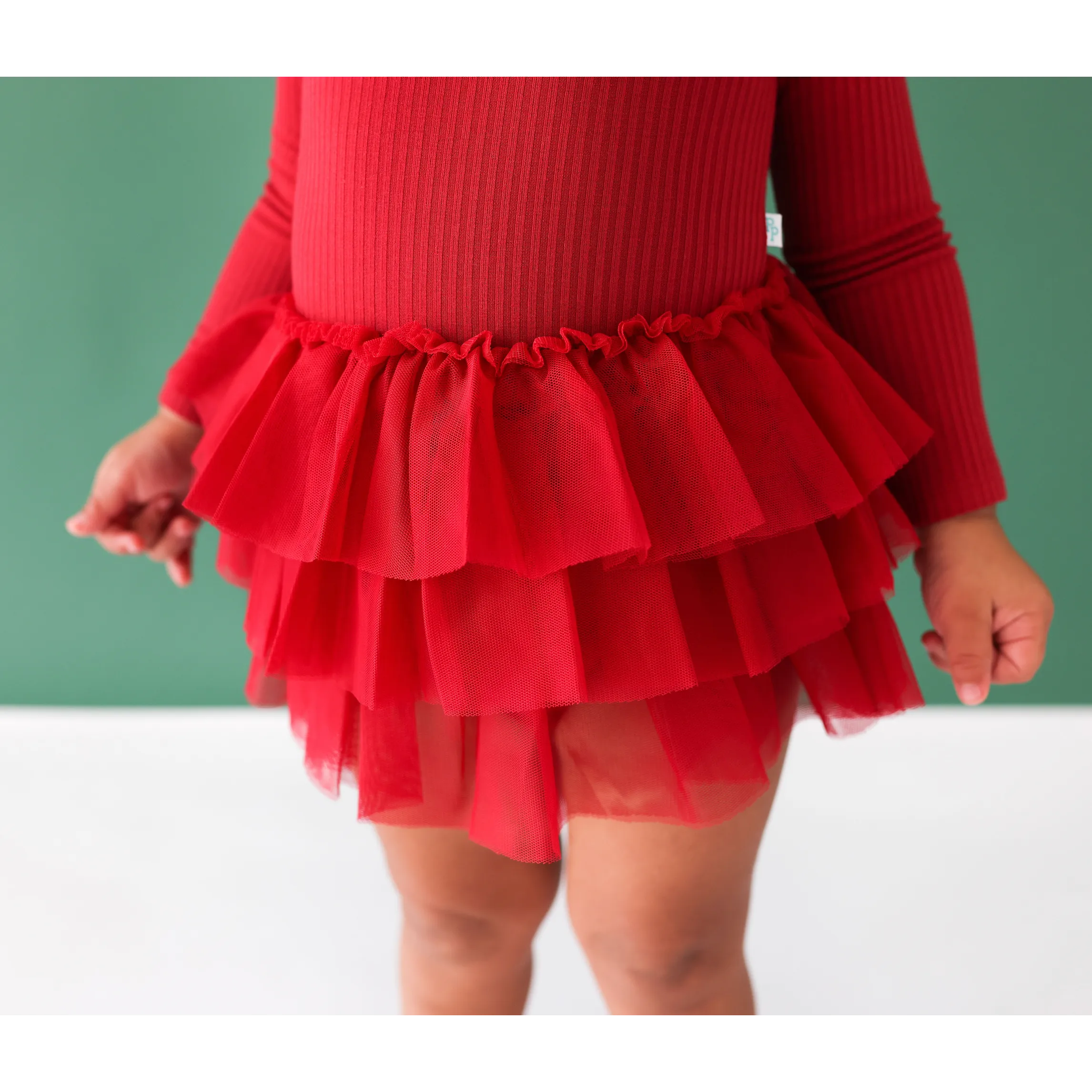 Posh Peanut Dark Red Ribbed Long Sleeve Tulle Skirt Bodysuit