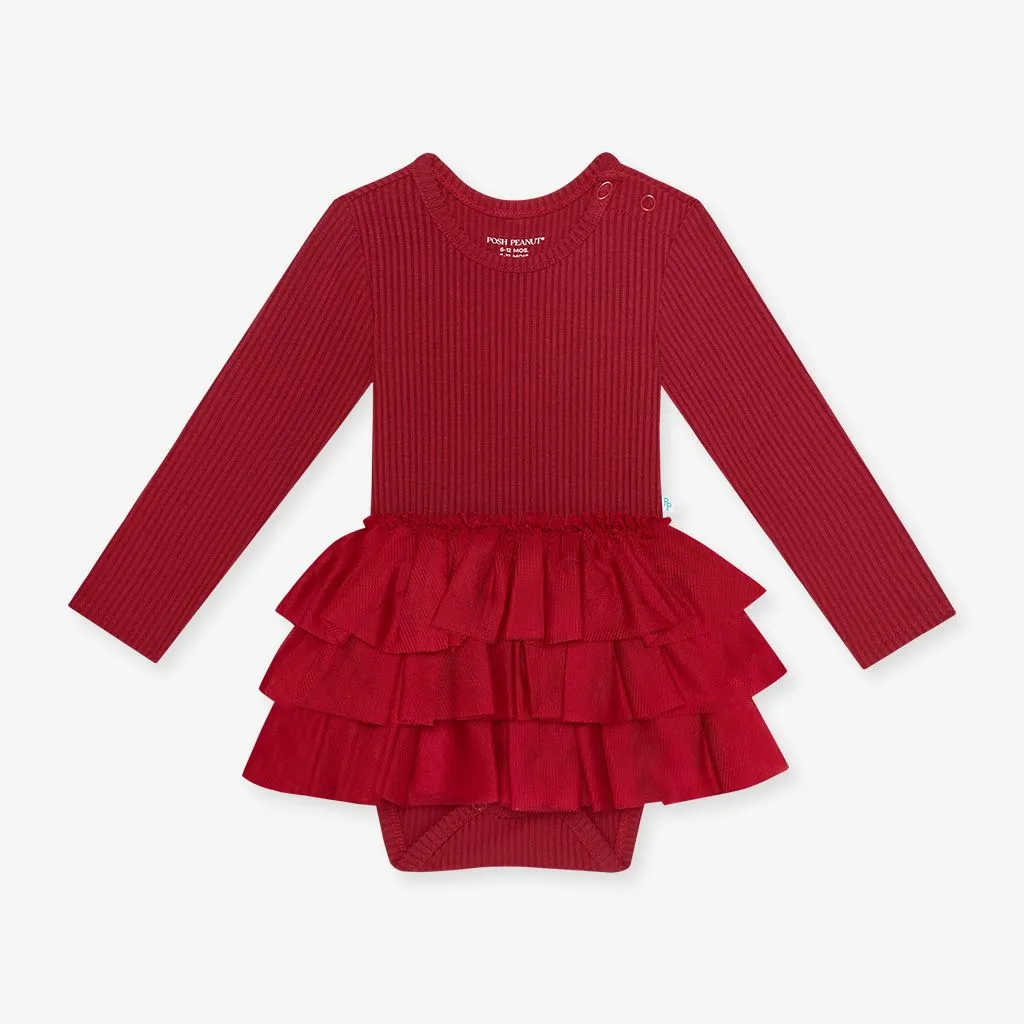Posh Peanut Dark Red Ribbed Long Sleeve Tulle Skirt Bodysuit