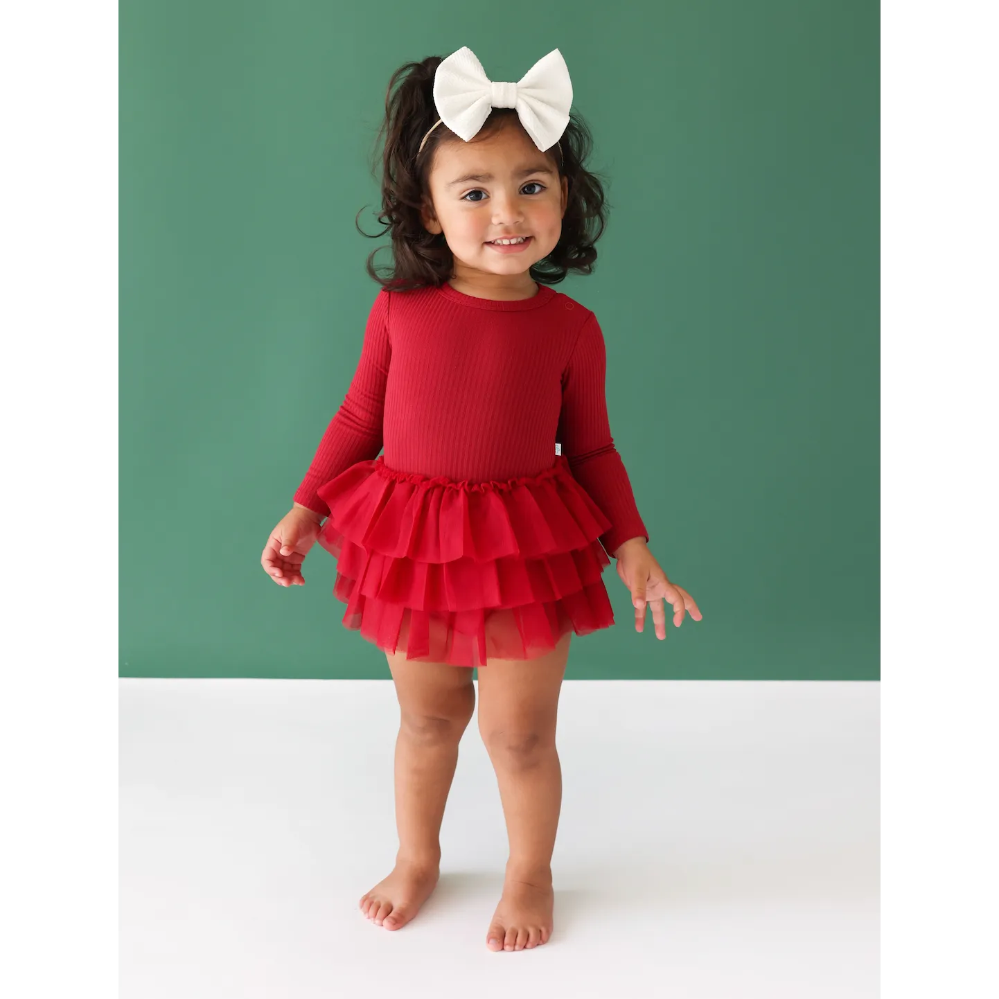 Posh Peanut Dark Red Ribbed Long Sleeve Tulle Skirt Bodysuit