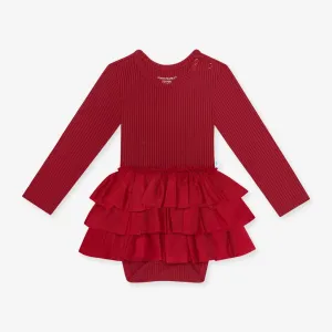 Posh Peanut Dark Red Ribbed Long Sleeve Tulle Skirt Bodysuit