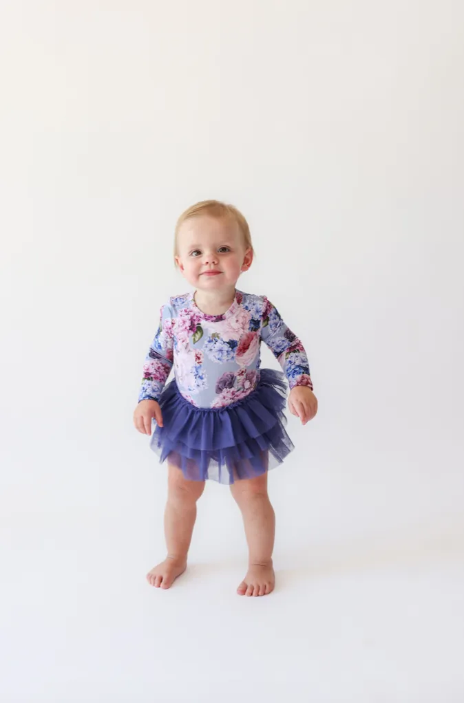 Posh Peanut Long Sleeve Girls Tulle Skirt Bodysuit Dress in Annie