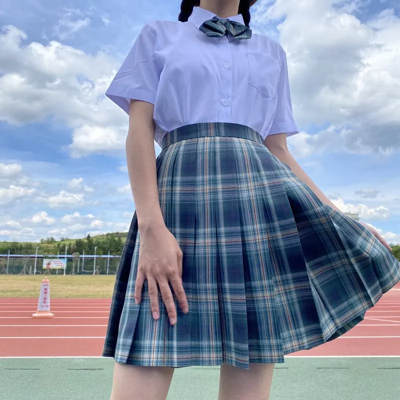 "JK DARK GREEN GRID" PLEATED SKIRT / TIE N073013