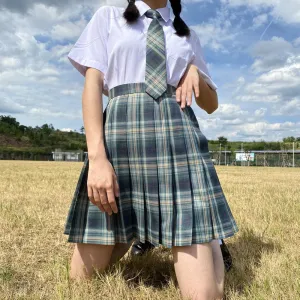 "JK DARK GREEN GRID" PLEATED SKIRT / TIE N073013
