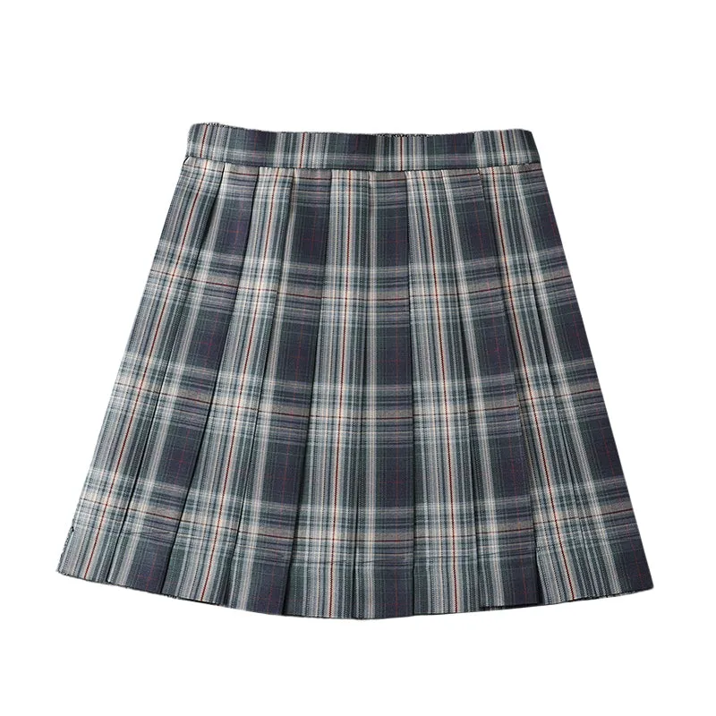 "JK DARK GREEN GRID" PLEATED SKIRT / TIE N073013