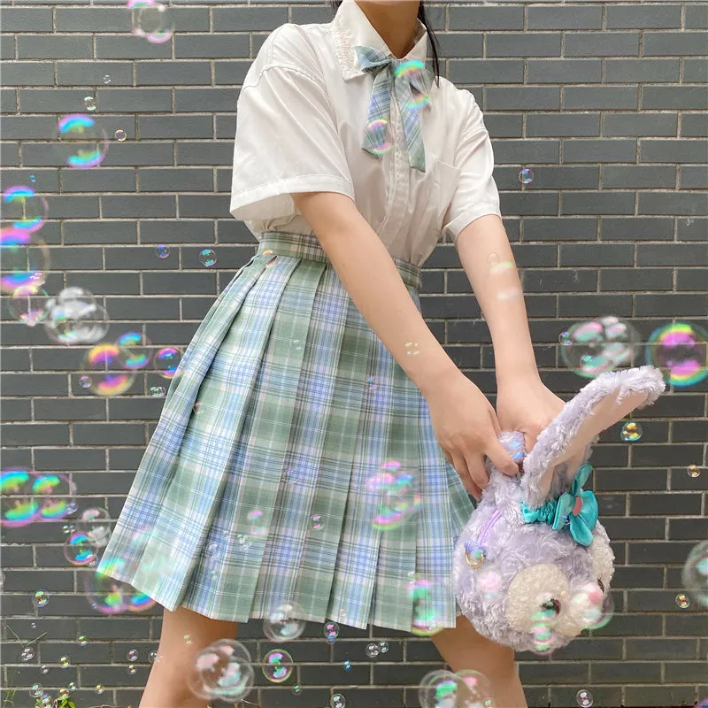 "JK LIGHT GREEN GRID" PLEATED SKIRT / TIE N073014