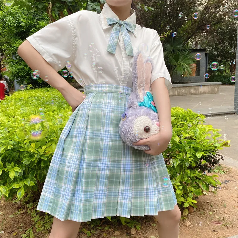 "JK LIGHT GREEN GRID" PLEATED SKIRT / TIE N073014