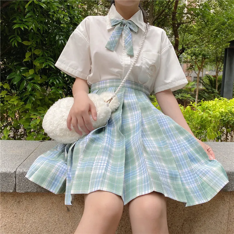 "JK LIGHT GREEN GRID" PLEATED SKIRT / TIE N073014