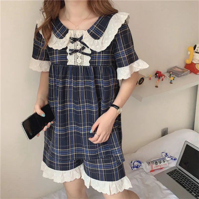 "NAVY CHECK LACE" PAJAMA SET N100906