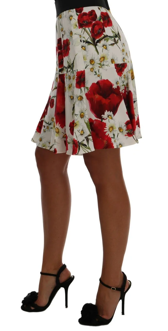 Red Daisy And Poppy Print Pleated Skirt
