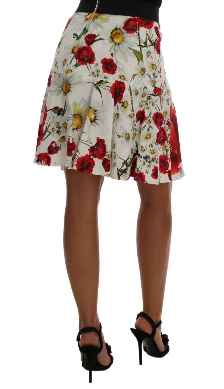 Red Daisy And Poppy Print Pleated Skirt
