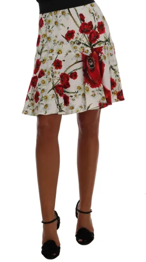 Red Daisy And Poppy Print Pleated Skirt