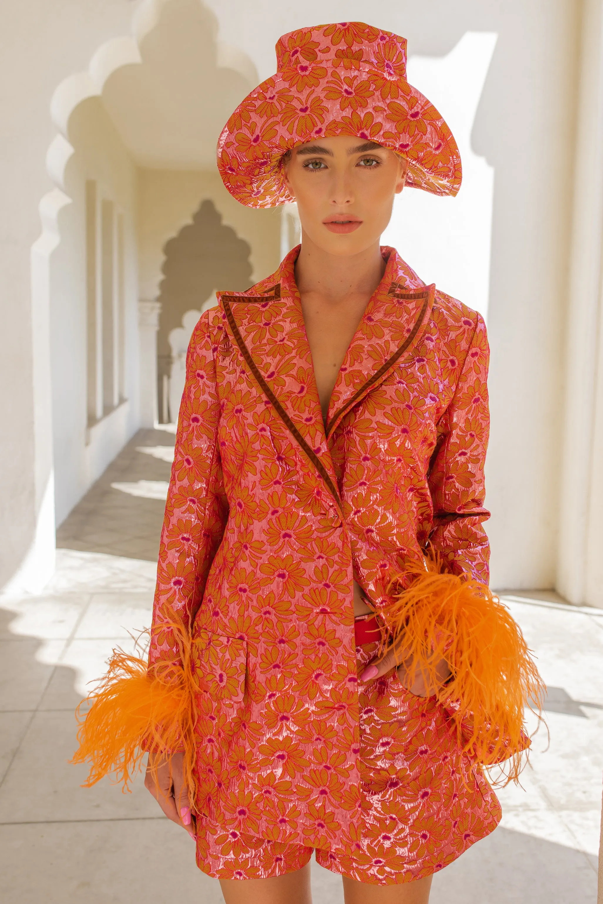 Red Jacqueline Jacket №22 With Detachable Feather Cuffs