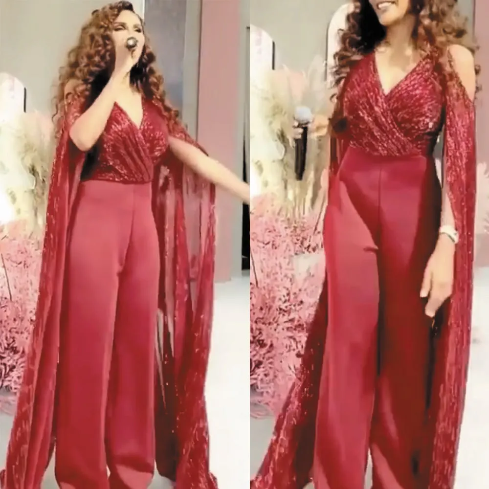 red sparkly jumpsuits for women Dubai fashion sequin elegant pant suit for weddings evening dress