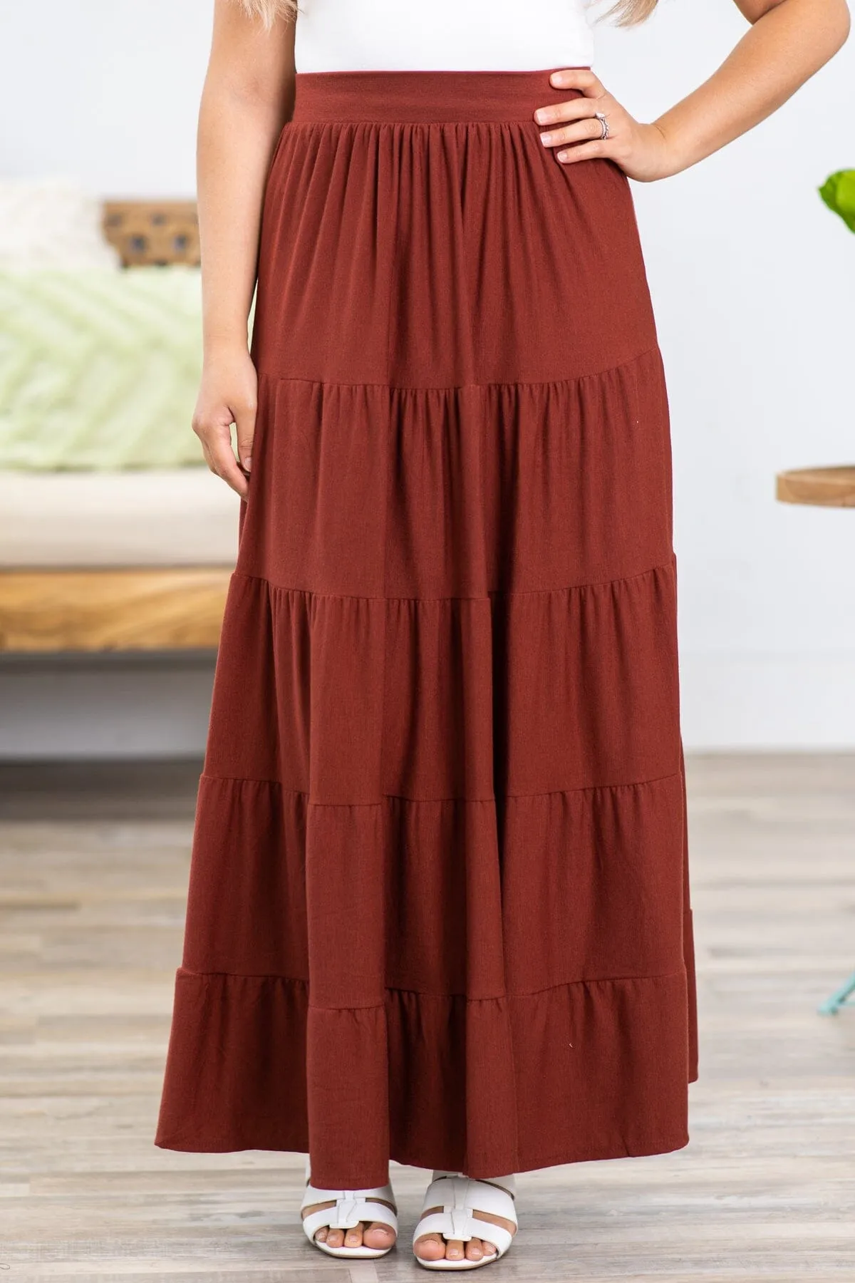 Rust Tiered Pull On Maxi Skirt