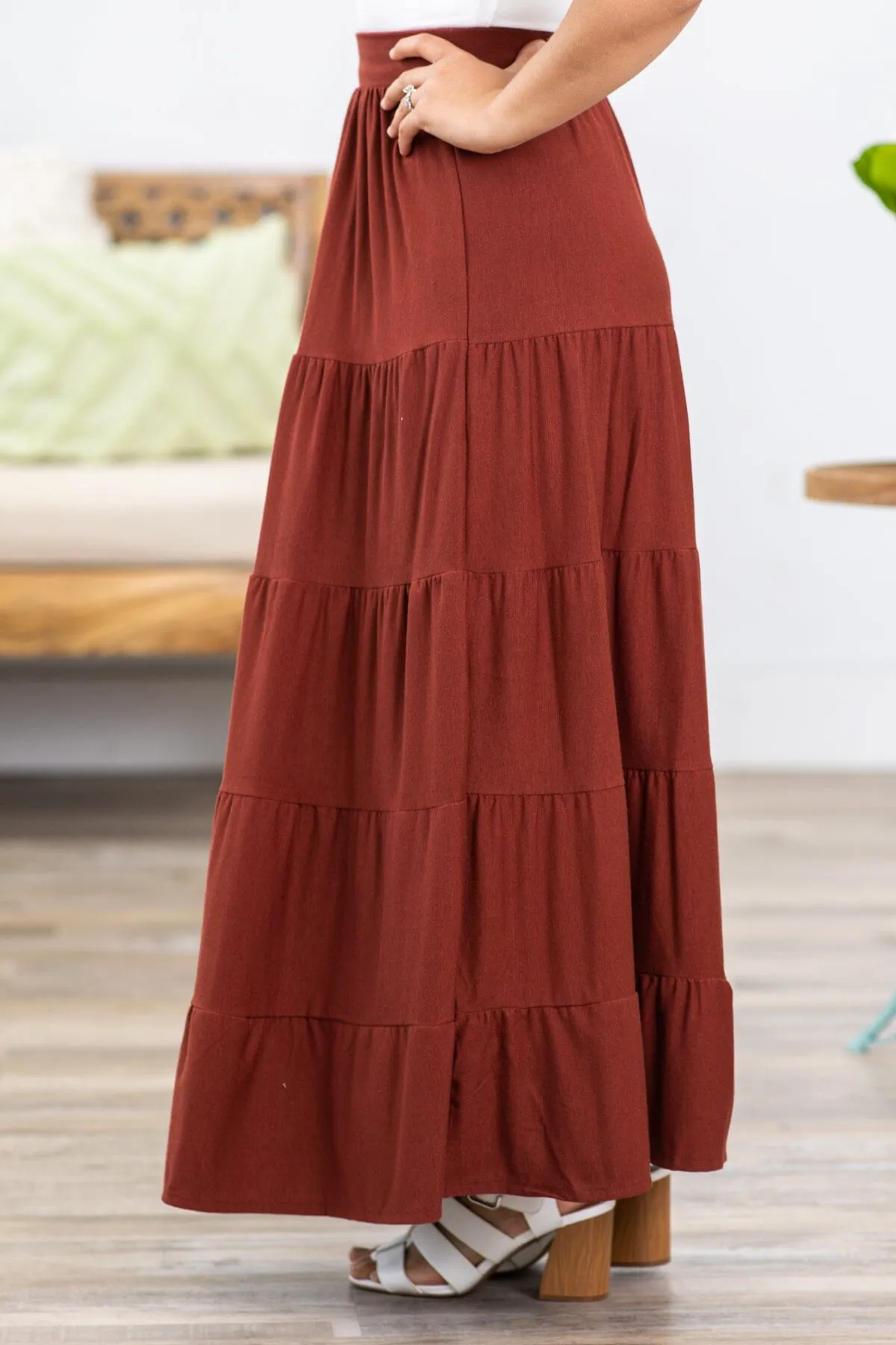 Rust Tiered Pull On Maxi Skirt