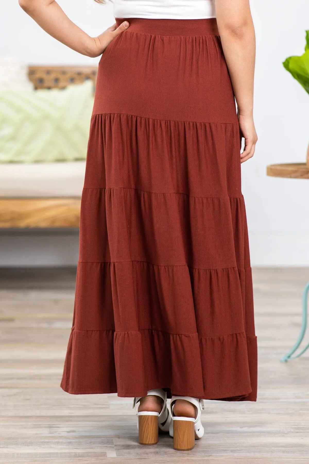 Rust Tiered Pull On Maxi Skirt