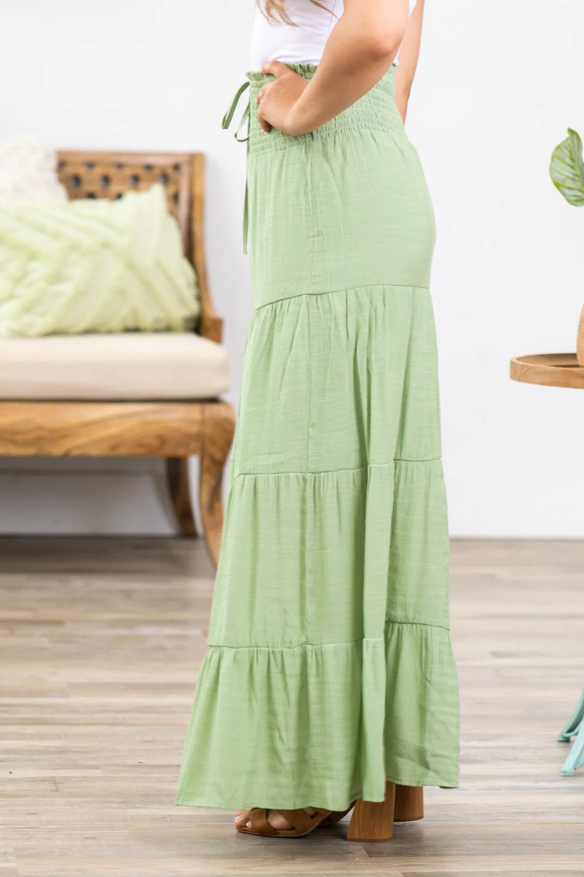 Sage Smocked Waist Tiered Maxi Skirt