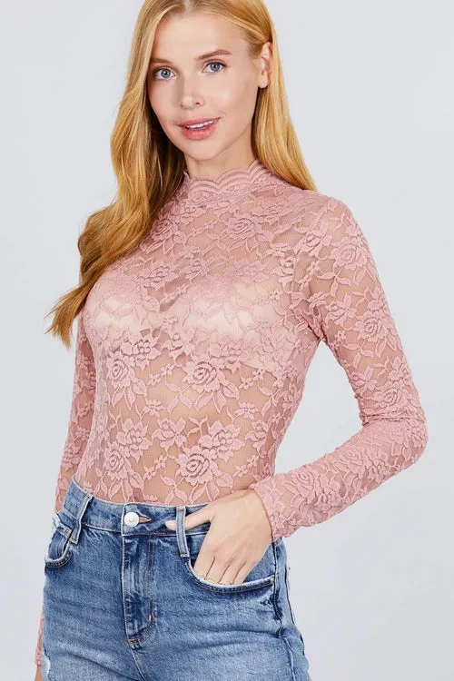 Scallop Mock Neck Long Sleeve Lace Bodysuit