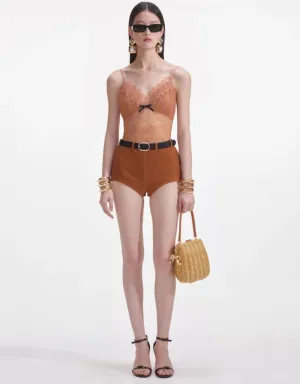 Self-Portrait - Tan Dot Mesh Bodysuit in Tan