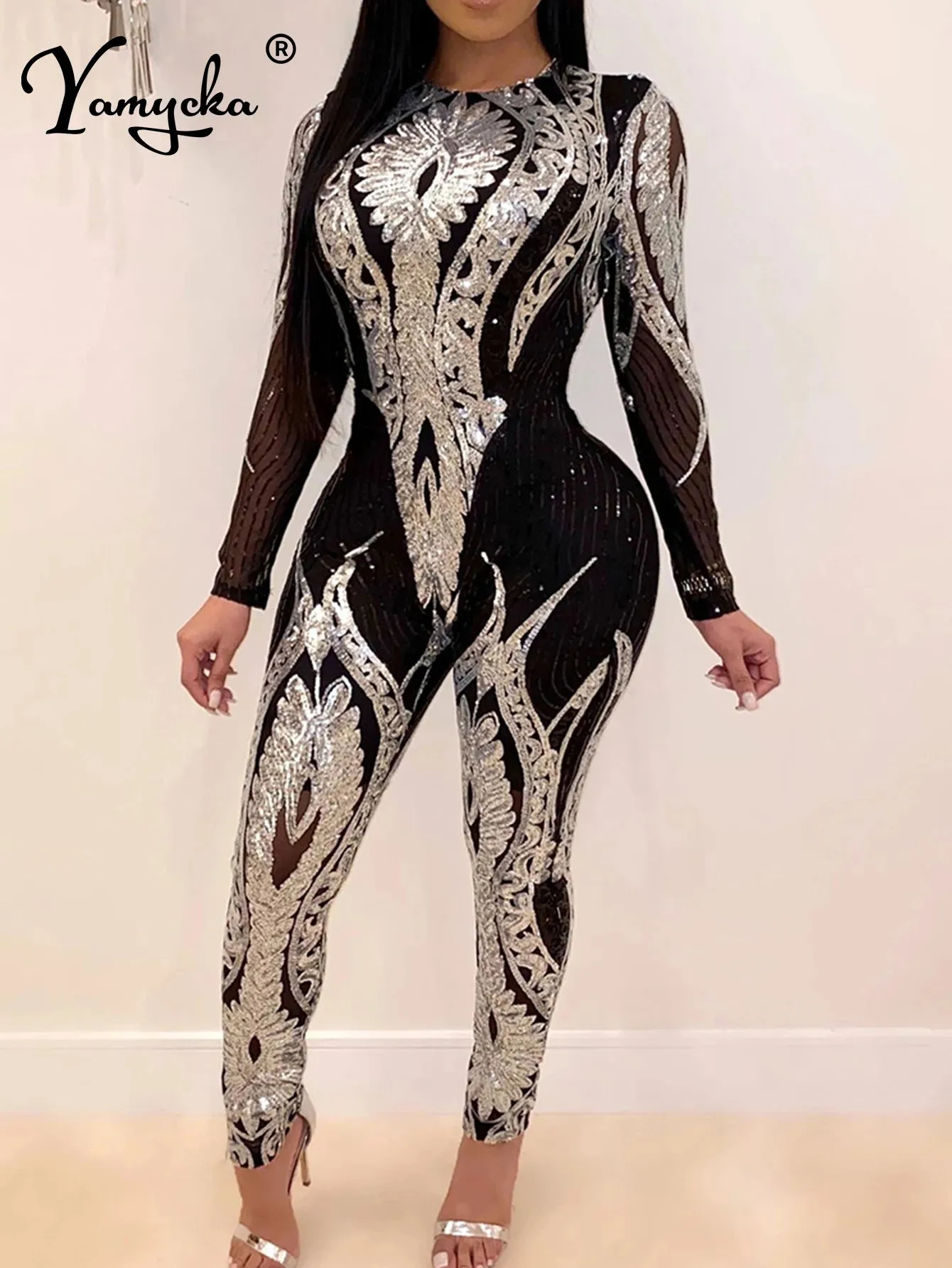 Sequin bodycon jumpsuit women one piece