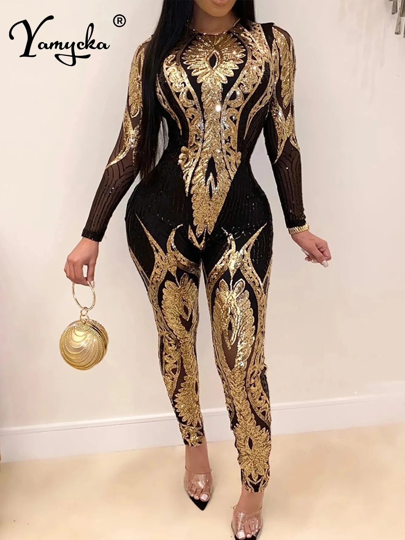 Sequin bodycon jumpsuit women one piece