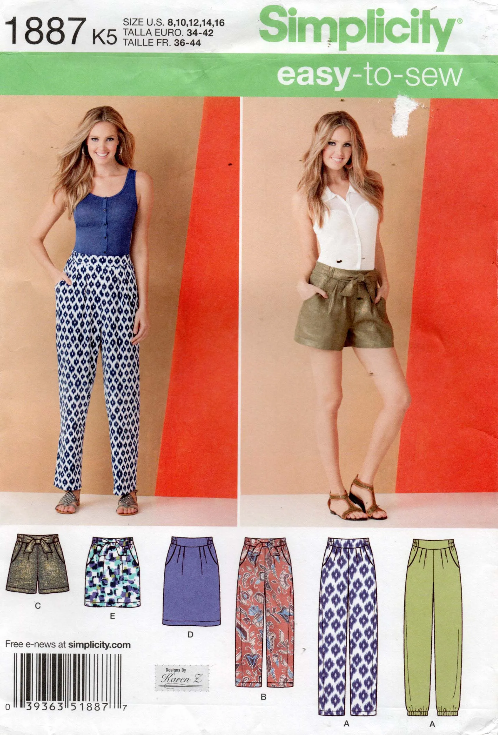 Simplicity 1887 Womens Pleated Pants Skirts & Shorts with Pockets Sewing Pattern Size 8 - 16 UNCUT Factory Folded