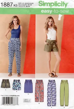 Simplicity 1887 Womens Pleated Pants Skirts & Shorts with Pockets Sewing Pattern Size 8 - 16 UNCUT Factory Folded