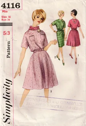 Simplicity 4116 Womens Slim Kimono Sleeved Dress with 3 Skirts 1960s Vintage Sewing Pattern Size 16 Bust 36 inches UNUSED Factory Folded
