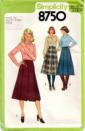 Simplicity 8750 Womens Classic Box Pleated Skirts in 3 Styles 1970s Vintage Sewing Pattern Size 12 or 14 UNCUT Factory Folded